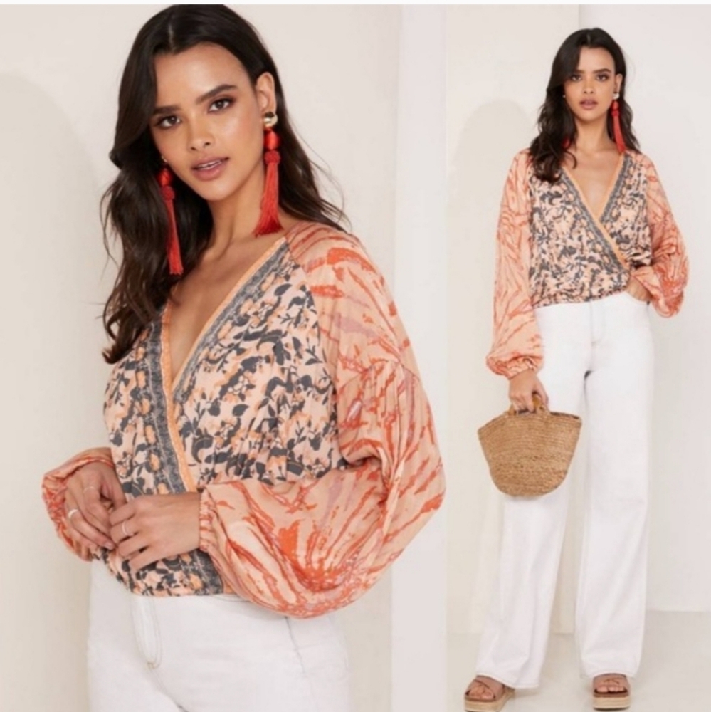 Free People Orange Gray V Neck Flounce Longsleeve Blouse Wrap Printed Shirt Top